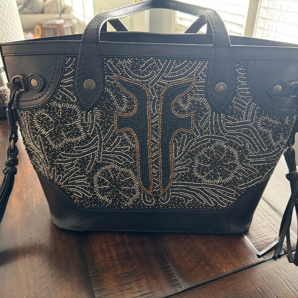 Frye Melissa Black and Gold Beaded Tote